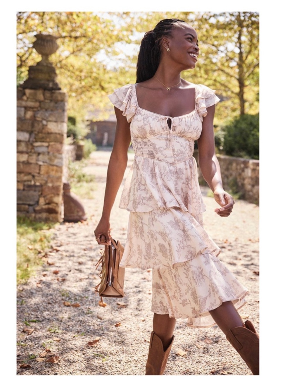 Flutter Sleeve Tiered Midi Dress in Light Beige Floral - Medium